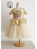 Gold Sequin Champagne Tulle Short Sleeves Tea Length Flower Girl Dress 